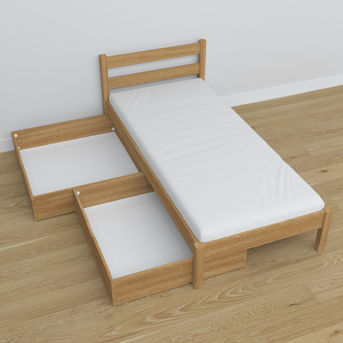 Natural Oak Bed with Oak Drawer – Angled View