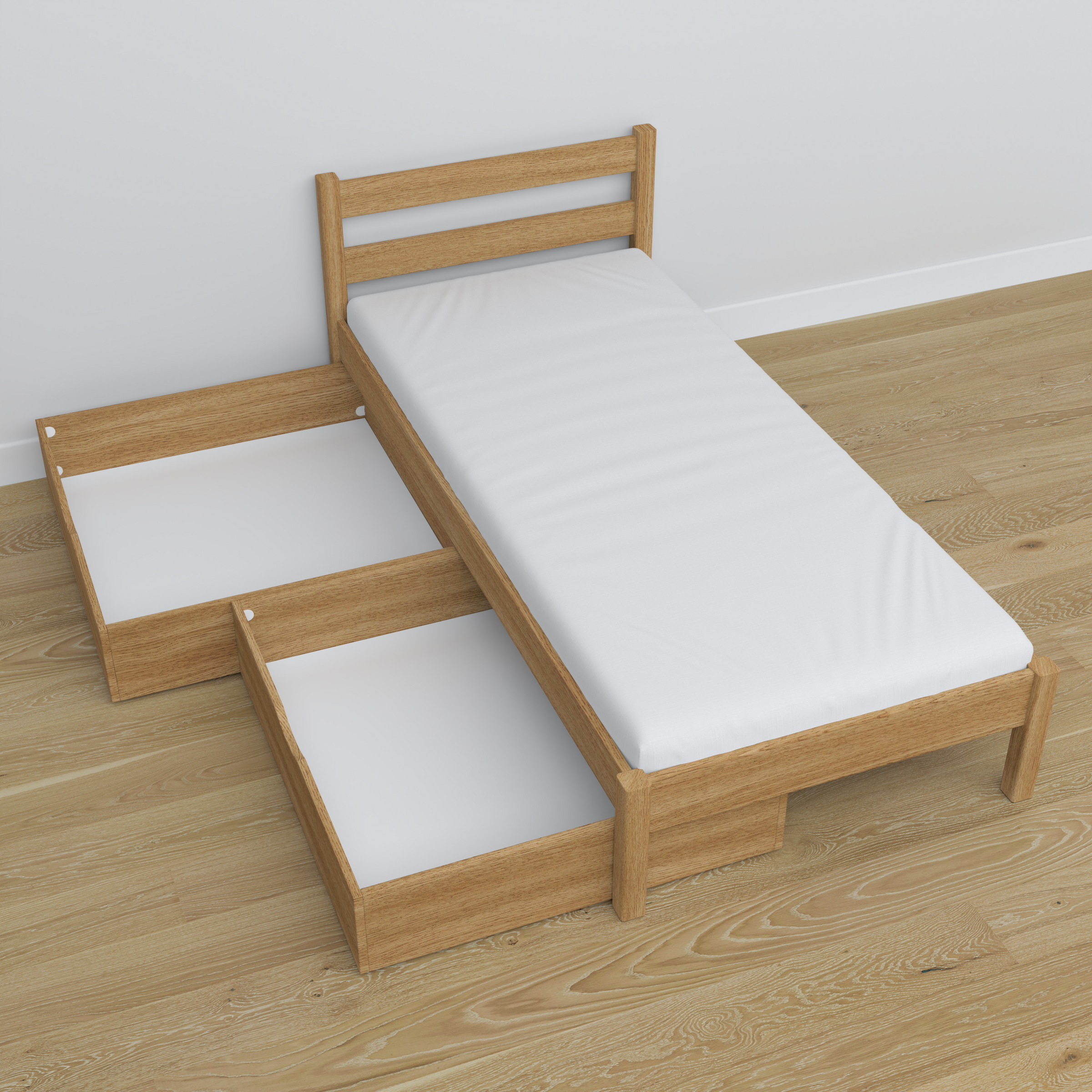 Natural Oak Bed with Oak Drawer – Angled View