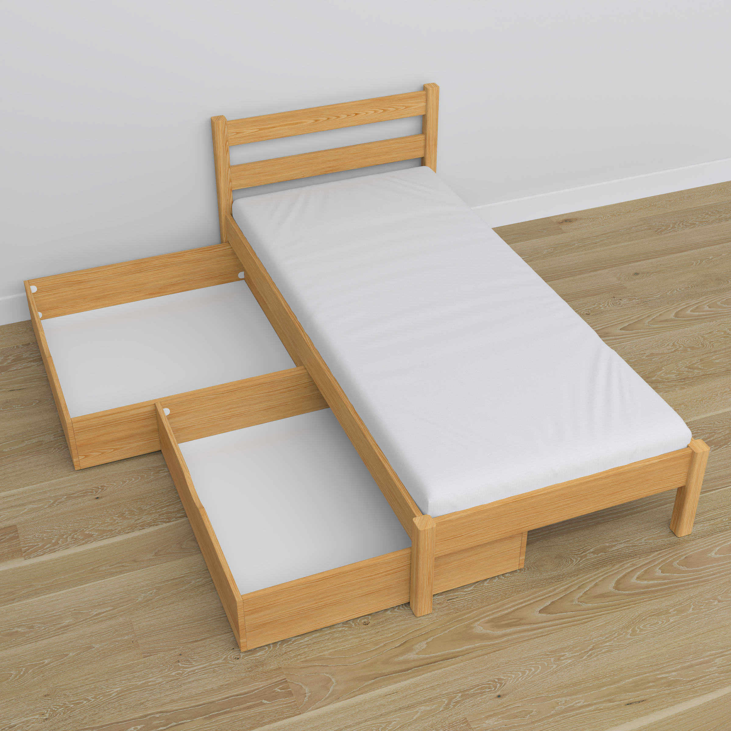 Natural pine bed with drawer made of wood – angled view
