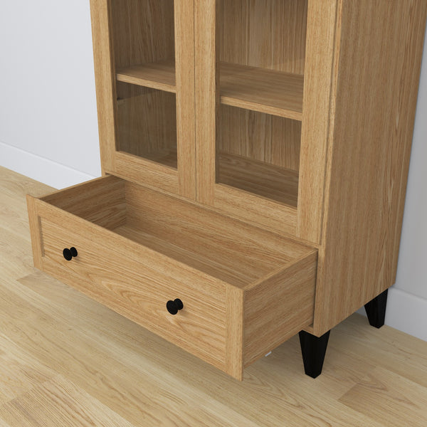 Display cabinet 1S 90 natural oak with black made of oak – side view, depth and profile