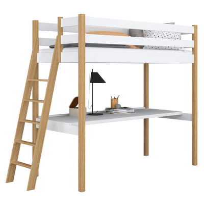 White and Oak Wooden Loft Bed with Desk – Children’s Room, Scandi Nizio