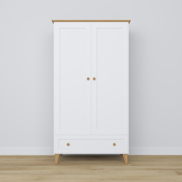 2-door wardrobe with drawer wooden white with oak – bedroom, Scandinavian style