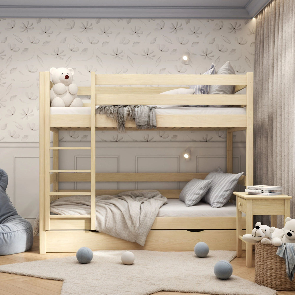 Clear Pine Bunk Bed with Drawer – Wooden Safety Rail and Ladder, Nizio