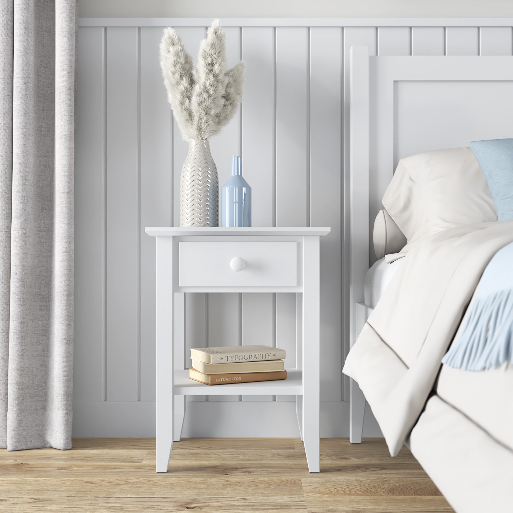 Bedside table N01 white made of wood – side view, Nizio Home