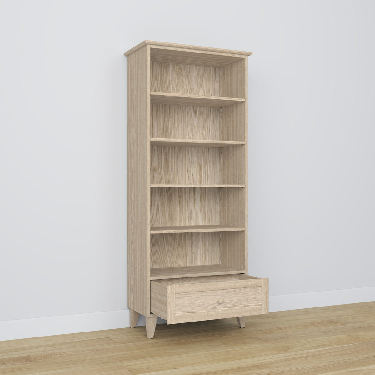 Bookcase 1S 80 bleached oak made of oak – side view, depth and profile