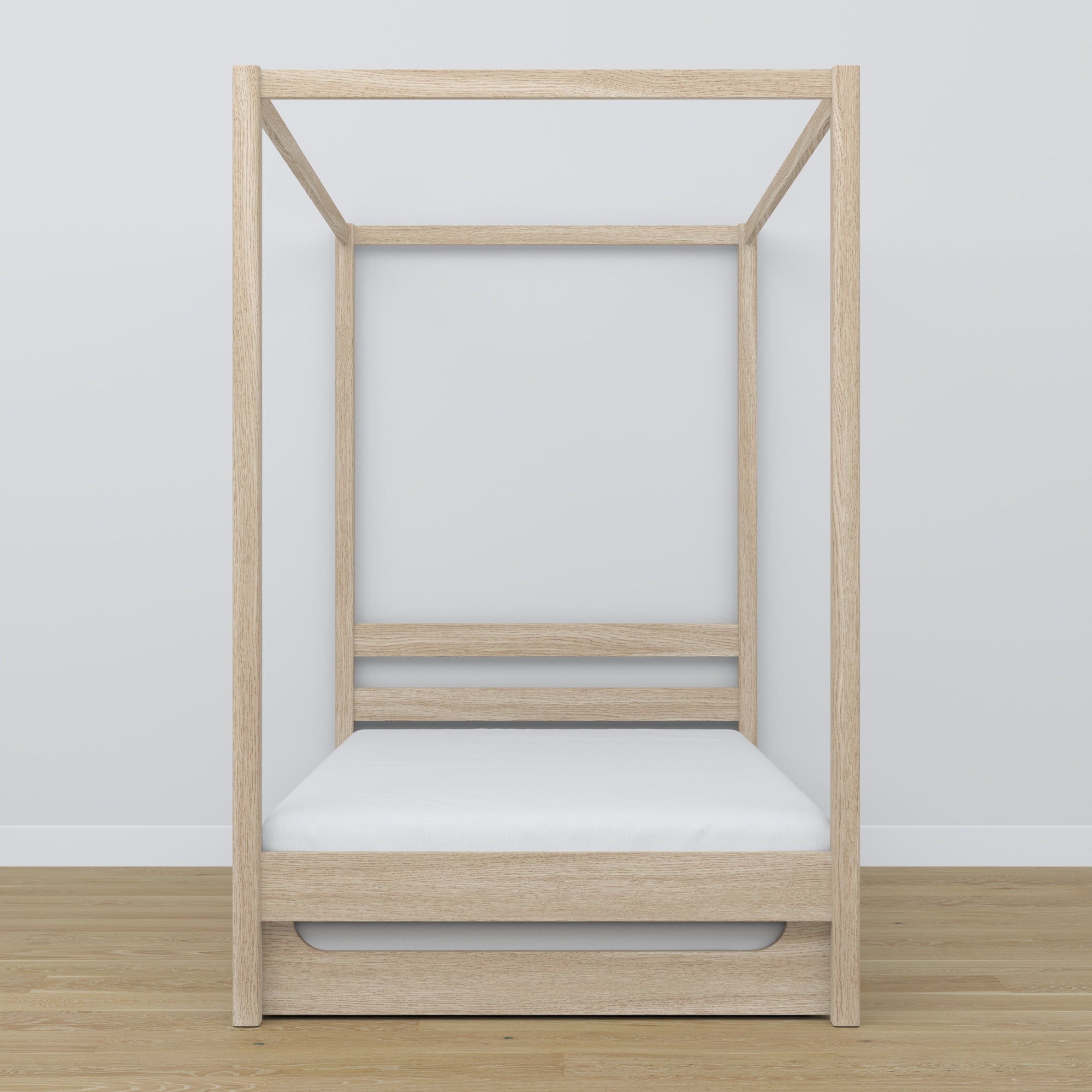 Bleached Oak Canopy Bed with Drawer – Side View, Oak, Nizio