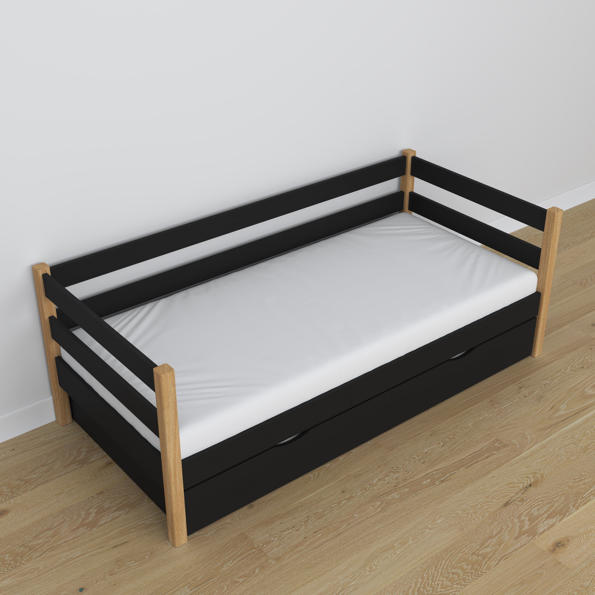 Wooden sofa bed with drawer black-oak – scandi child’s room arrangement