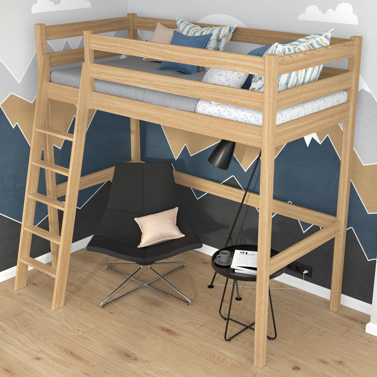 Loft bed natural oak in children’s room – scandi arrangement, oak