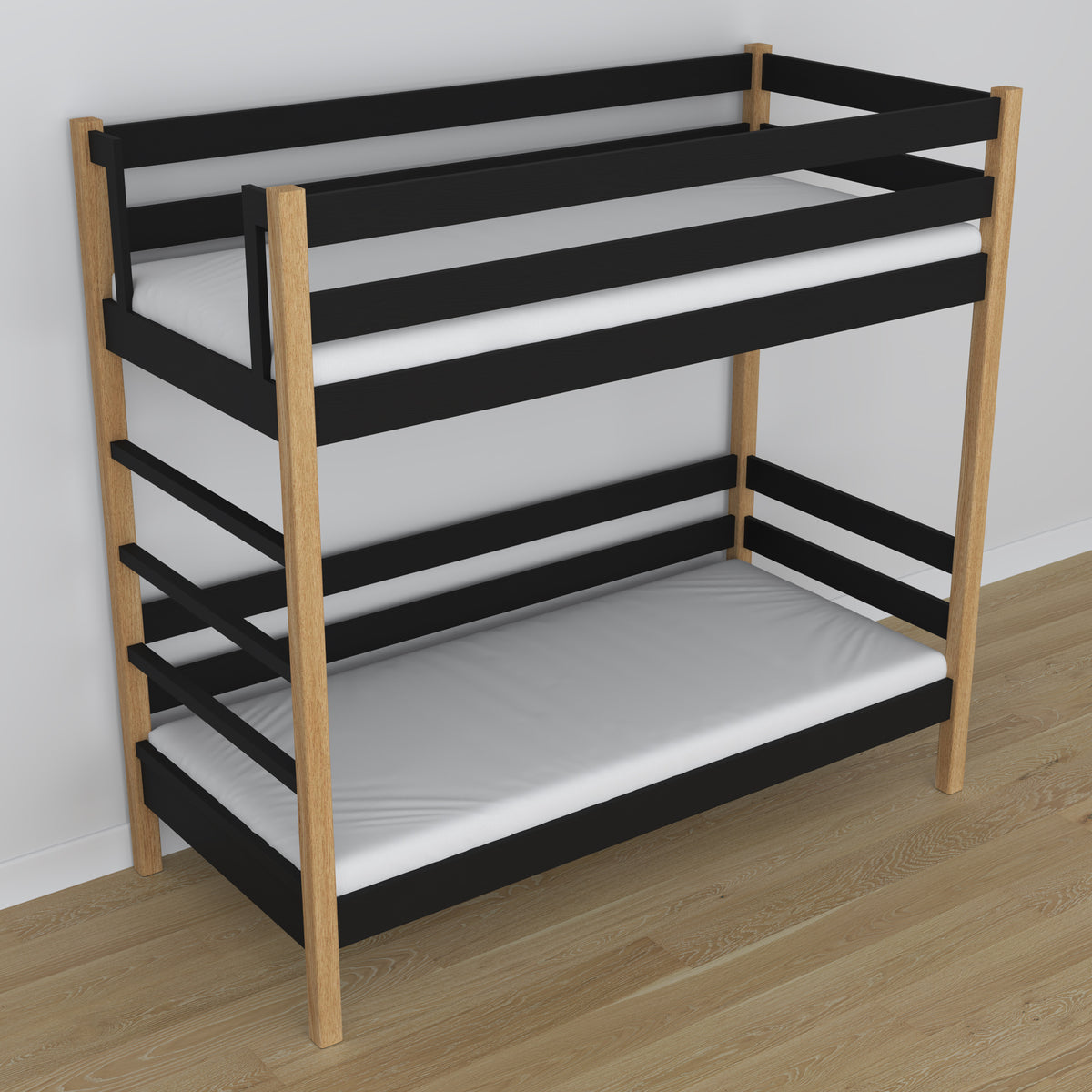 Black and Oak Wooden Bunk Bed – Close-up of Joints and Wood Details