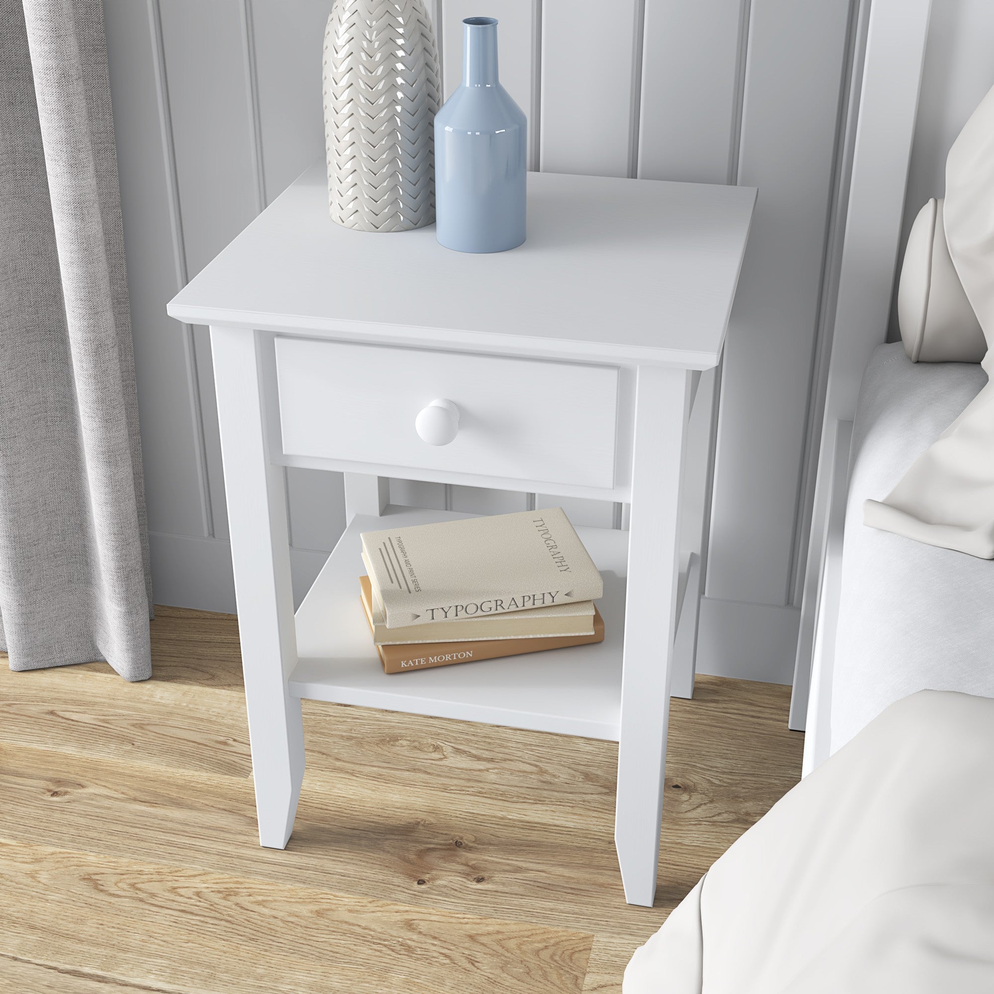 Bedside table N01 white – tabletop, close-up on wooden surface, Nizio