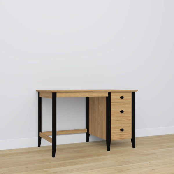 Desk 3S natural oak with black – oak, compact tabletop, front view, Nizio