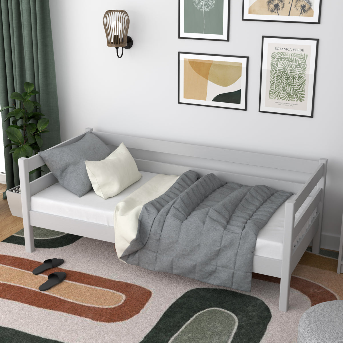 Sofa bed wooden grey – side view, shape and proportions of the furniture