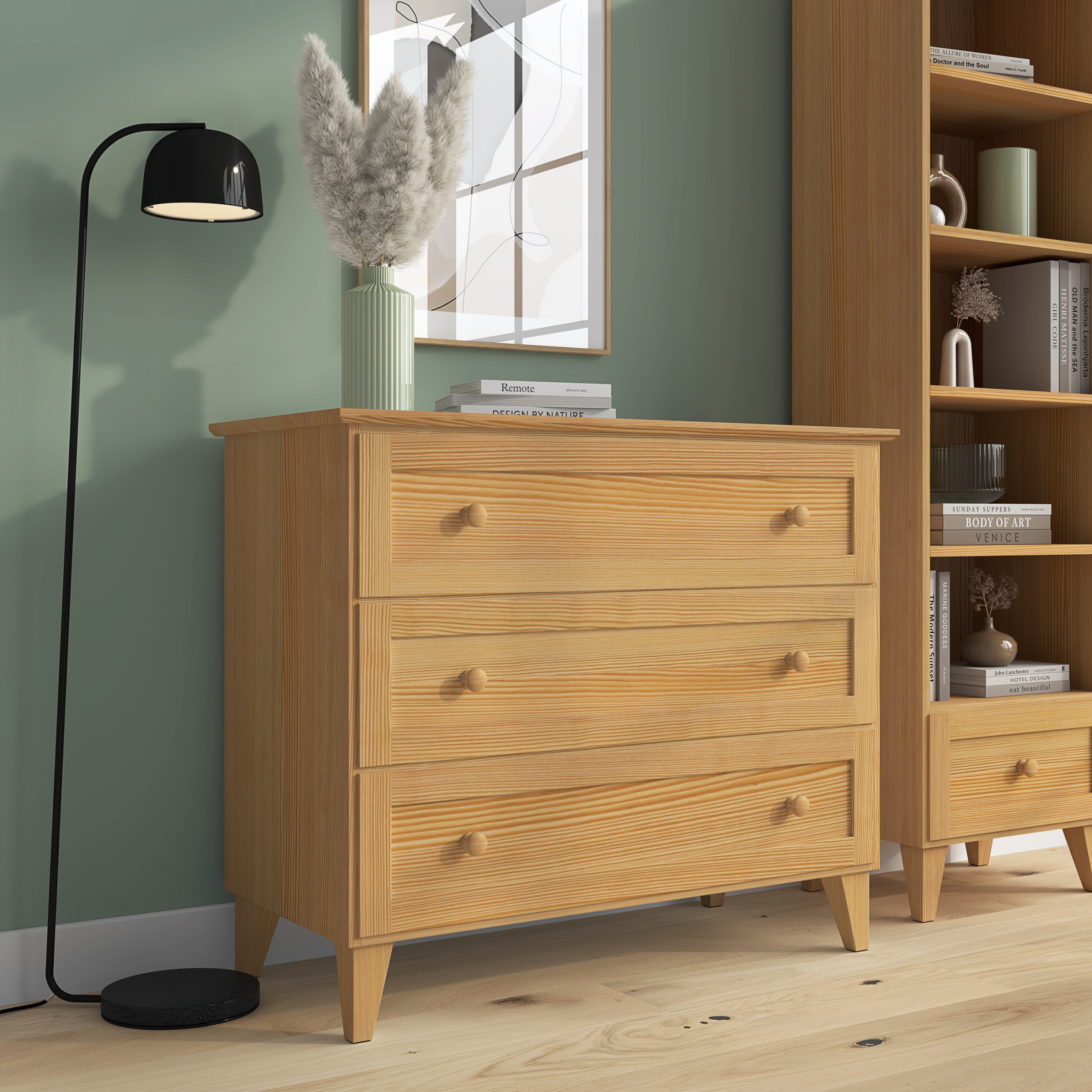 Chest of drawers 3S natural pine – pine, closed drawers, front view, Nizio