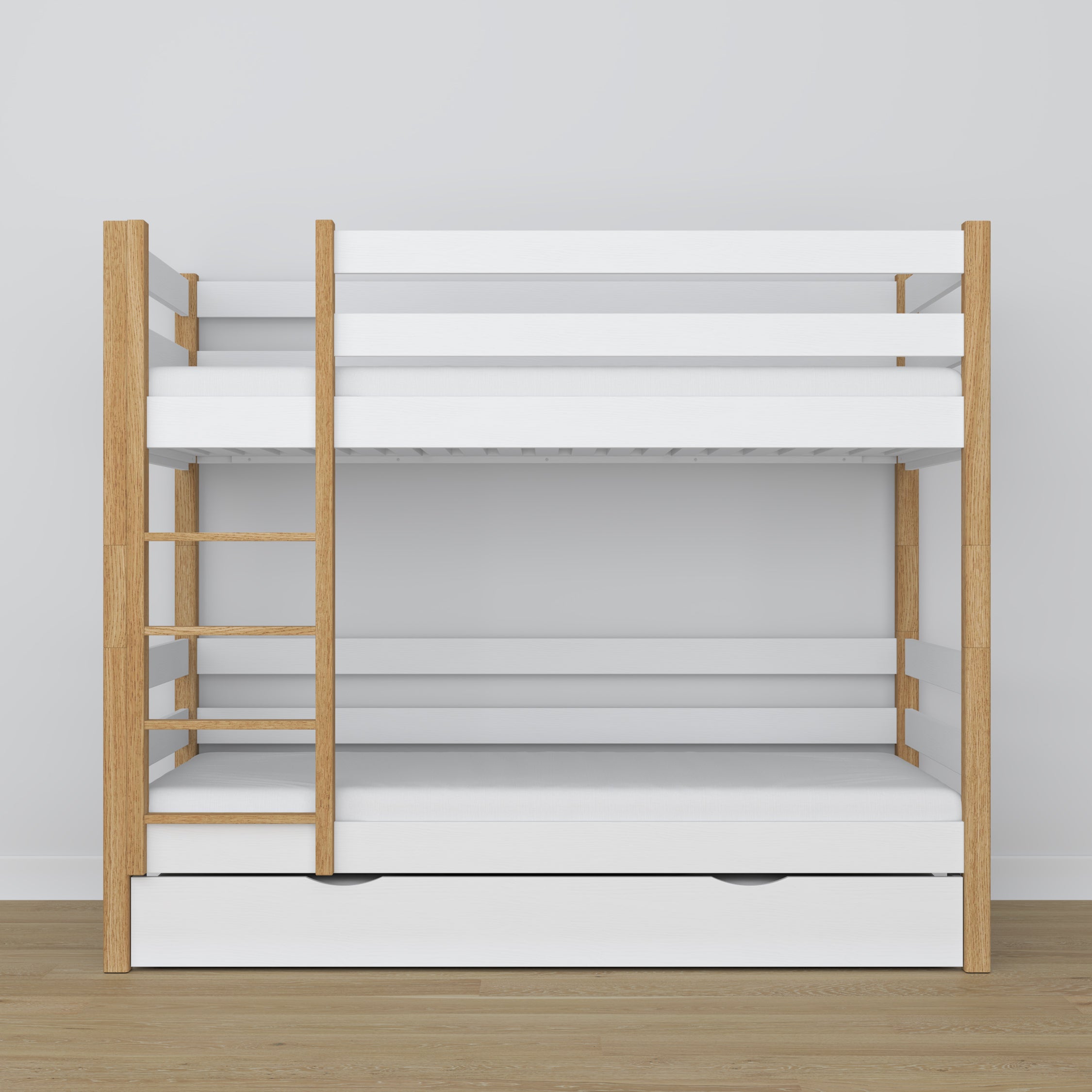 White and Oak Bunk Bed – Wooden Slatted Frame, Mattress Drawer