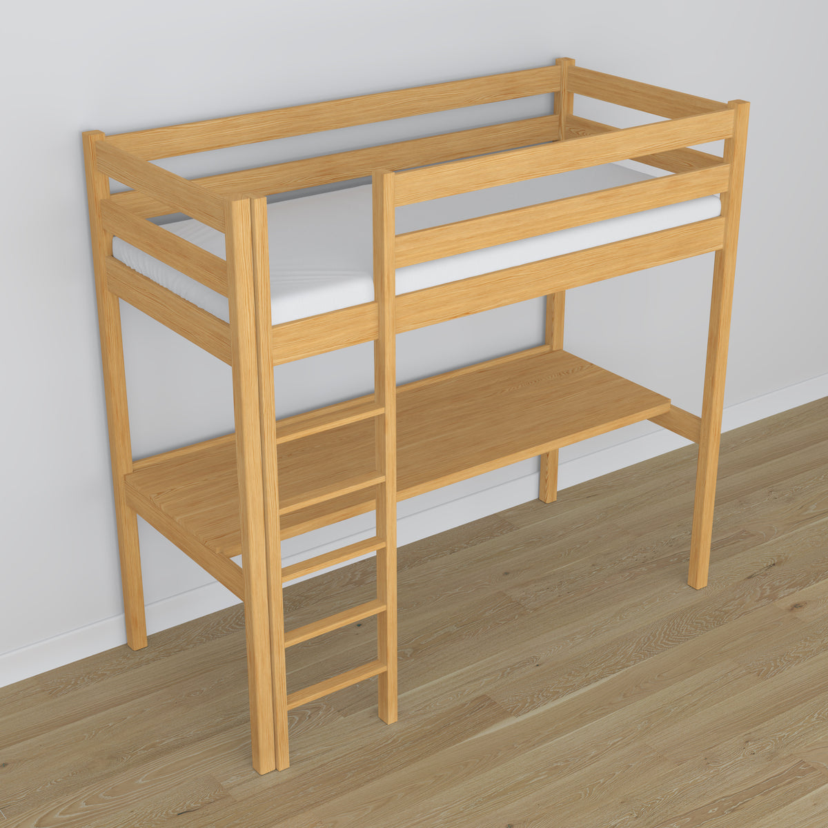 Loft bed natural pine wooden – top view of the sleeping area, Nizio