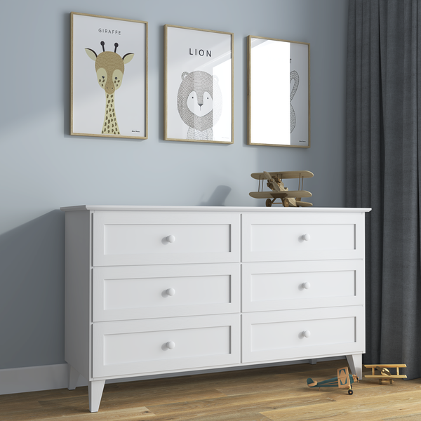 Chest of drawers 6S white – wooden, closed drawers, front view, Nizio