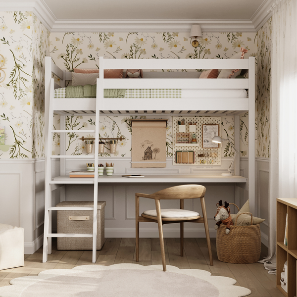White Wooden Loft Bed with Desk – Children’s Room, Scandi Nizio