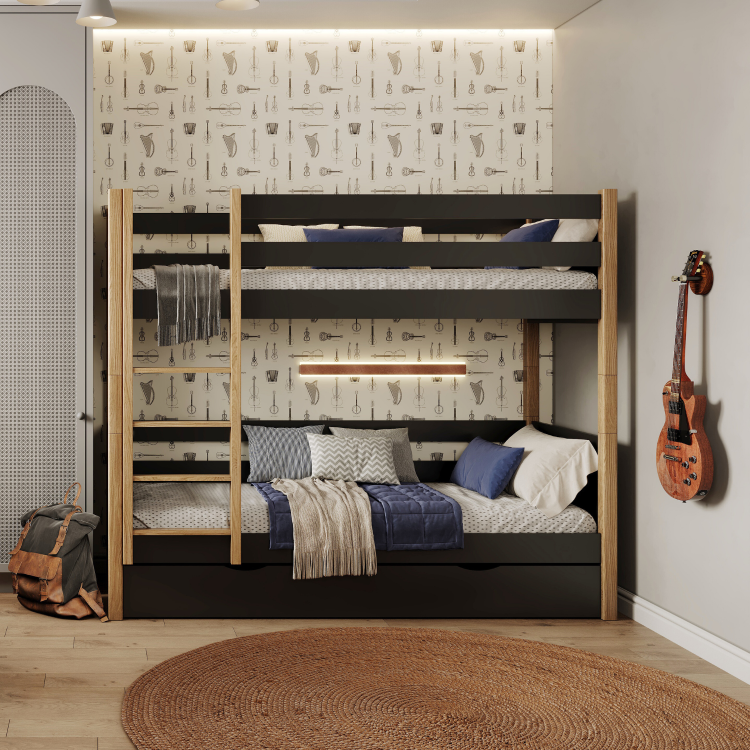 Black and Oak Bunk Bed with Drawer – Wooden Safety Rail and Ladder, Nizio