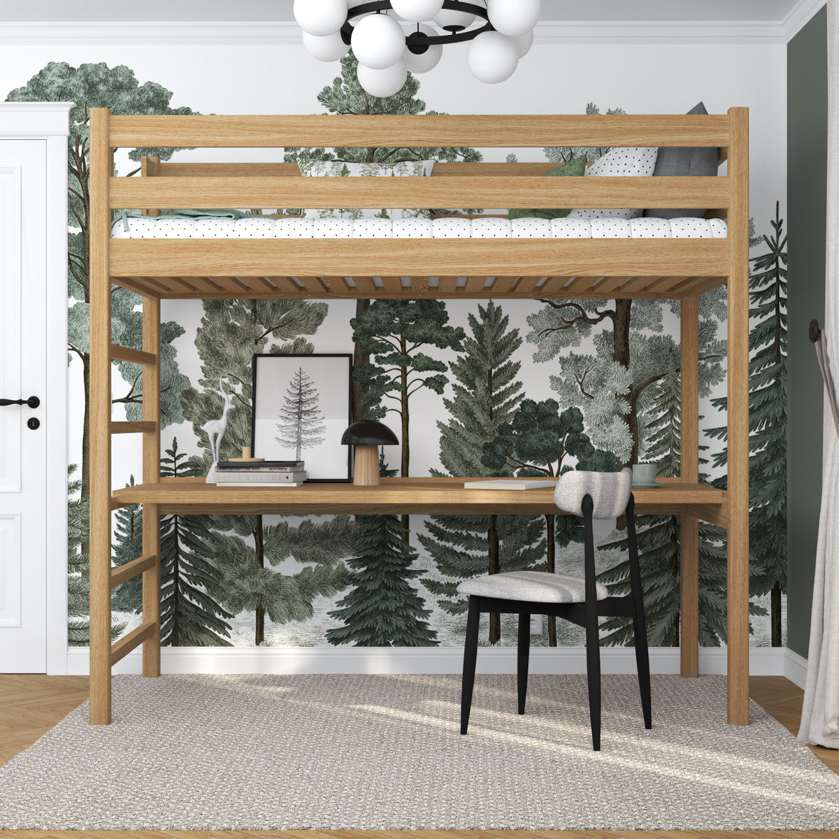 Oak Loft Bed with Desk Natural Oak – Children’s Room, Scandi Nizio