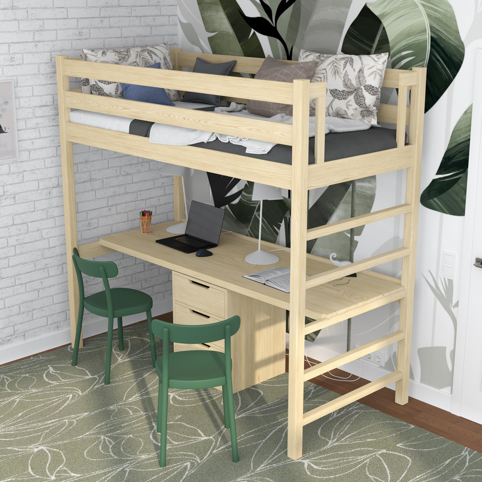 Loft bed clear pine – wooden desk under the sleeping area, scandi children’s room