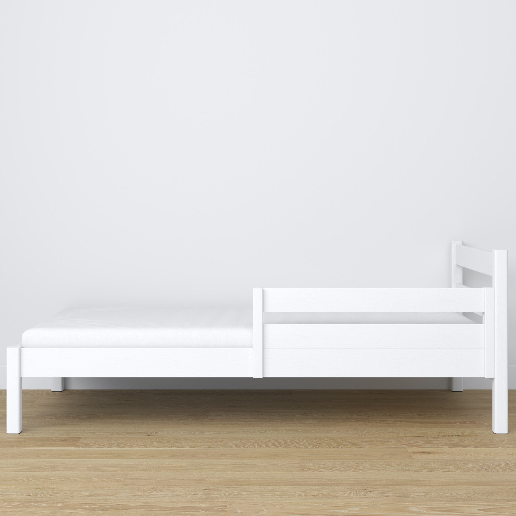 Wooden safety rail white in children’s bed – scandi arrangement