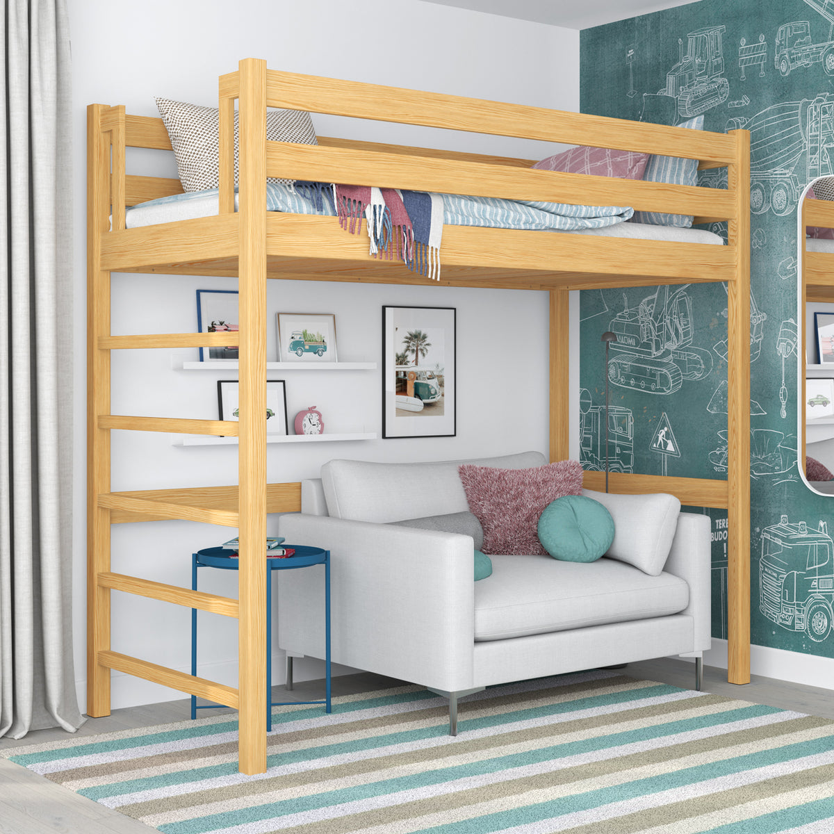 Natural Pine Wooden Loft Bed – Free Space Under the Sleeping Area, Nizio