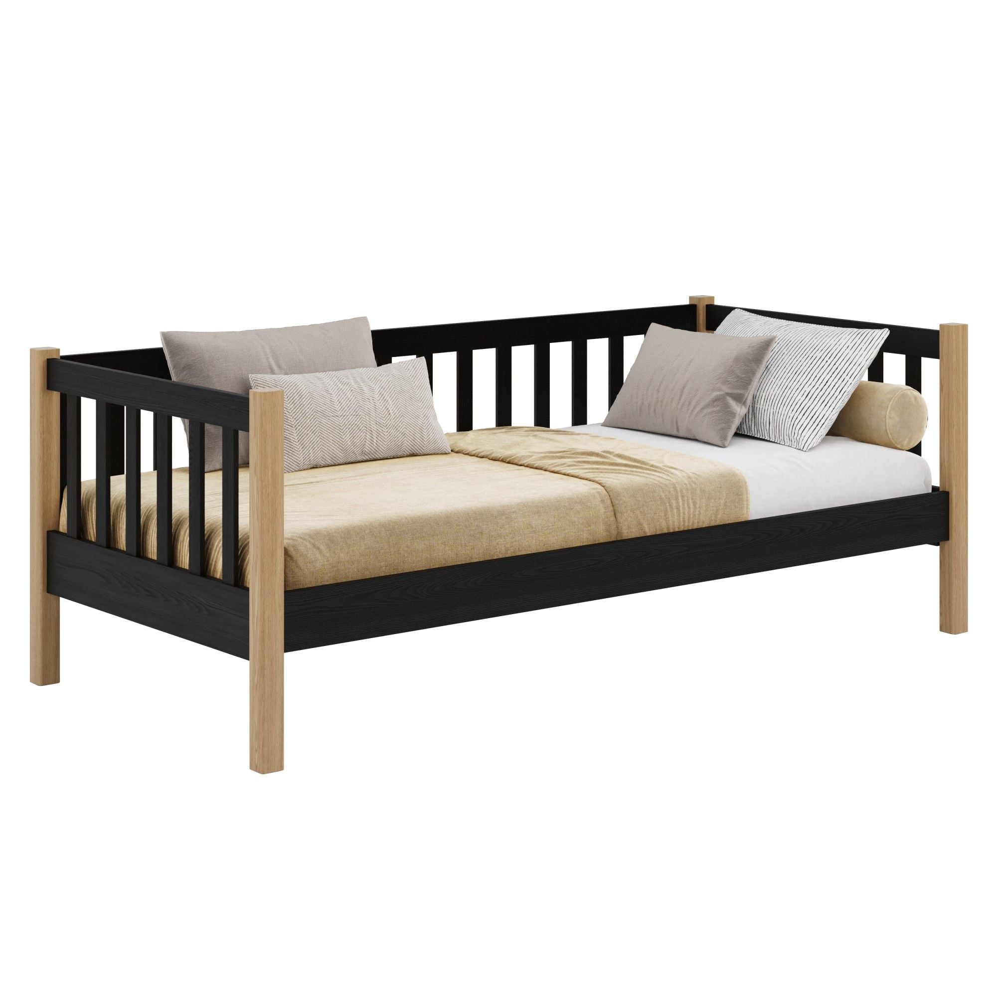 Sofa bed black with oak made of wood – dimensions and diagram, Nizio