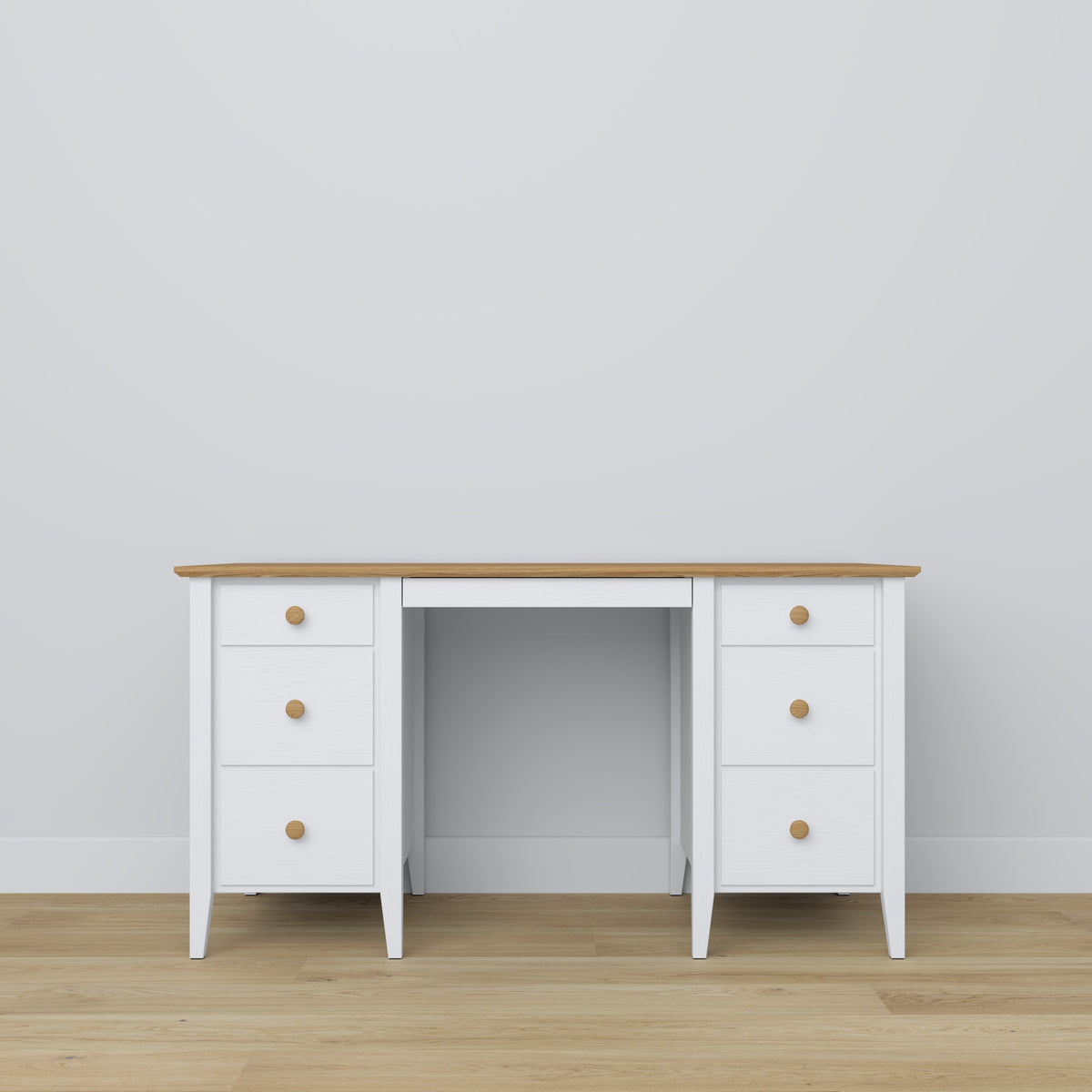 Desk 6S wooden white with oak – open drawers, document storage compartments