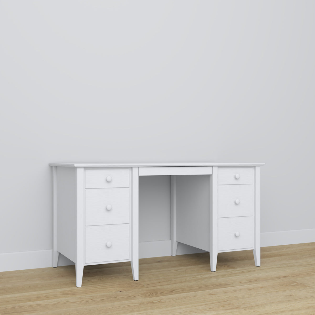 Desk 6S white – wooden, wide tabletop, front view, Nizio