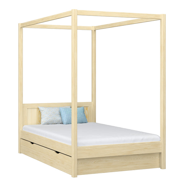Wooden canopy bed with drawer clear pine – child’s room, scandi style