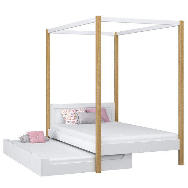 Wooden canopy bed with mattress drawer white-oak – scandi child’s room