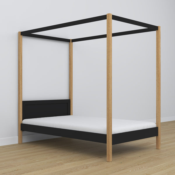 Black and Oak Canopy Bed – Decorative Wooden Frame, Safe for Children