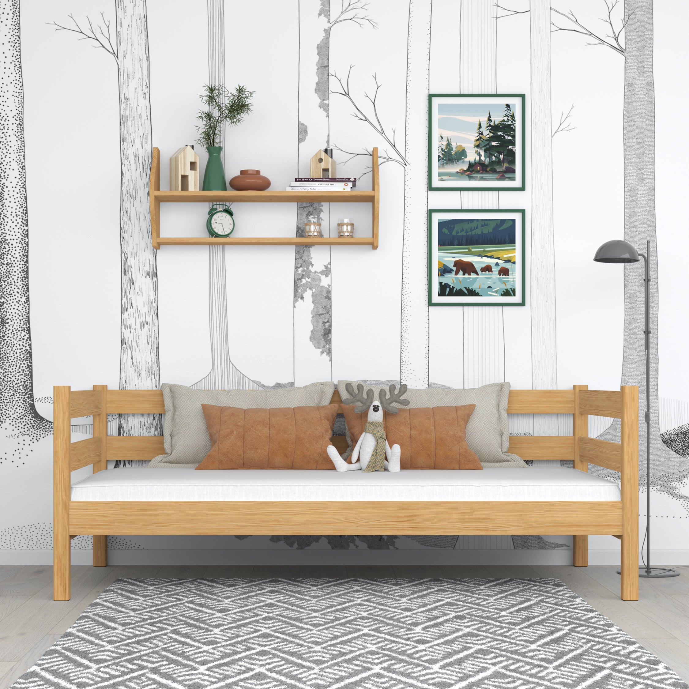 Natural pine sofa bed – wooden side barrier, child safety