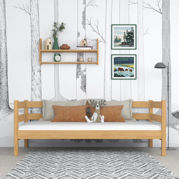 Natural pine sofa bed – wooden side barrier, child safety