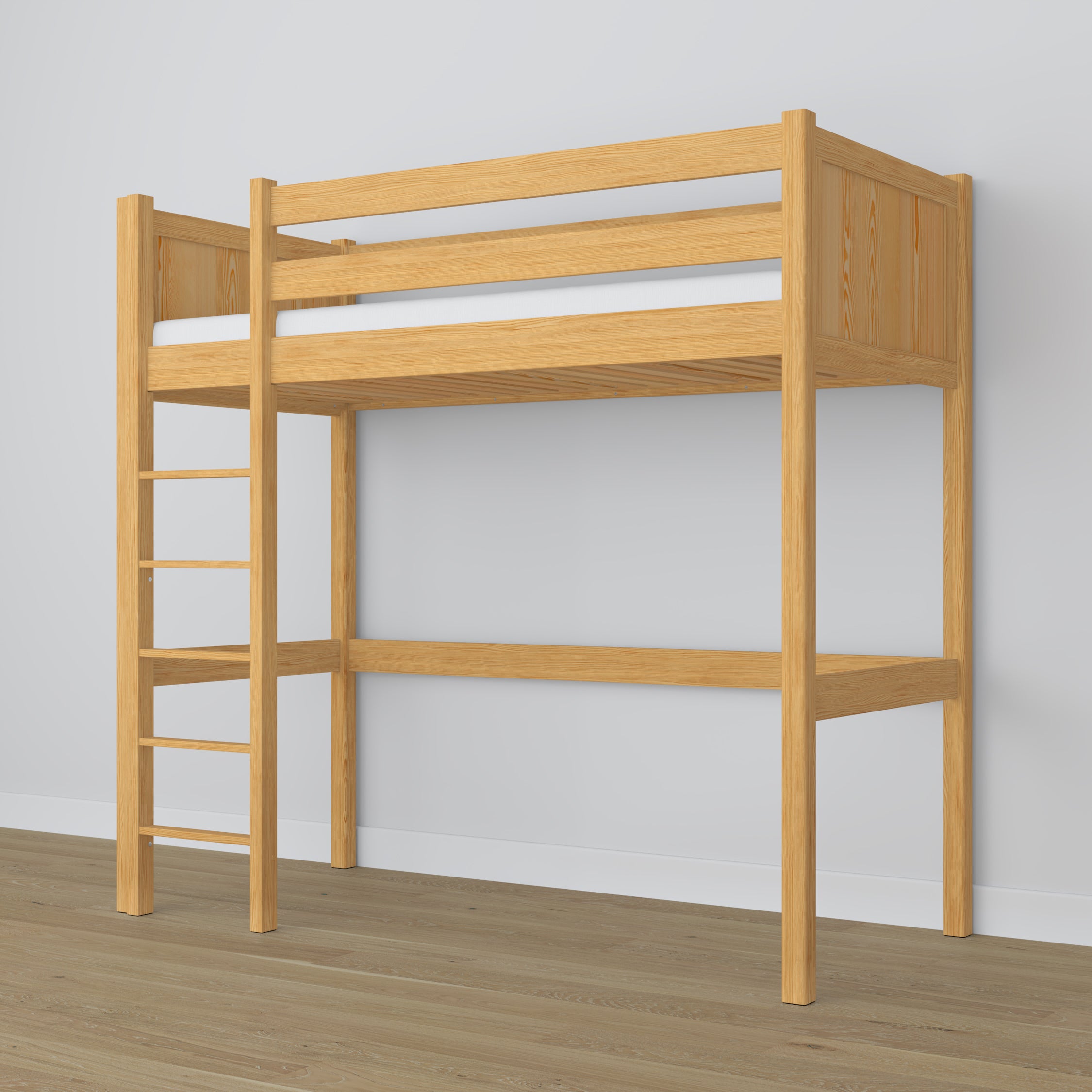 Loft bed natural pine in children’s room – scandi arrangement, wooden