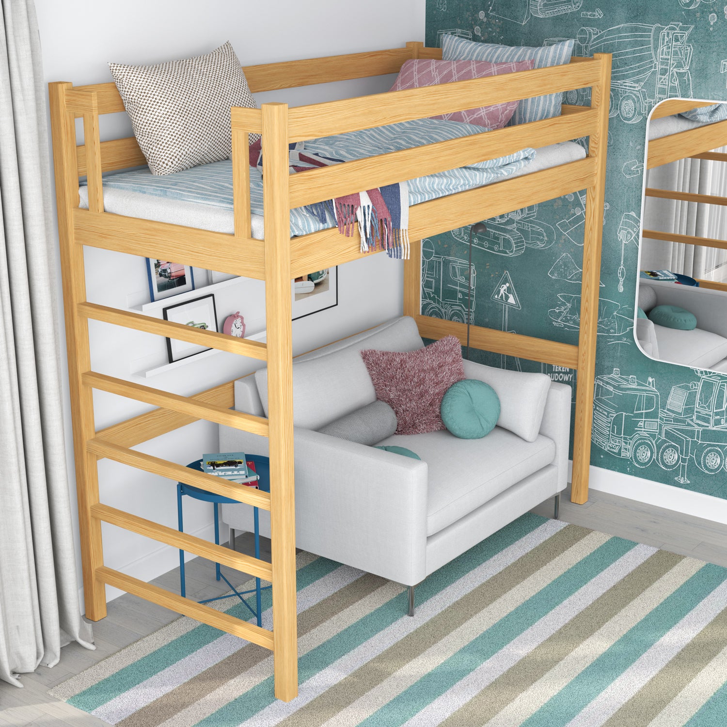 Loft bed natural pine in children’s room – scandi arrangement, wooden
