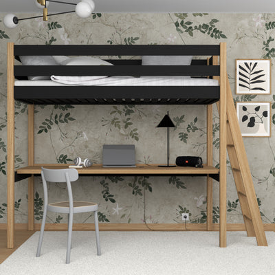 Black and Oak Wooden Loft Bed with Desk – Children’s Room, Scandi Nizio