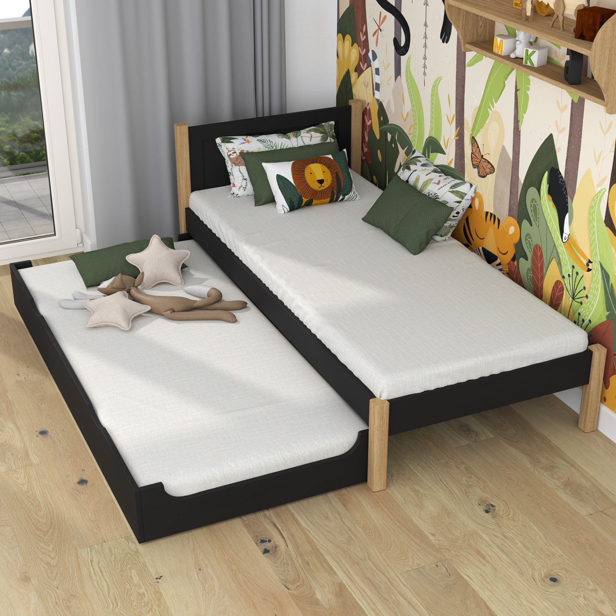 Wooden bed with mattress drawer black-oak – extended drawer, guest