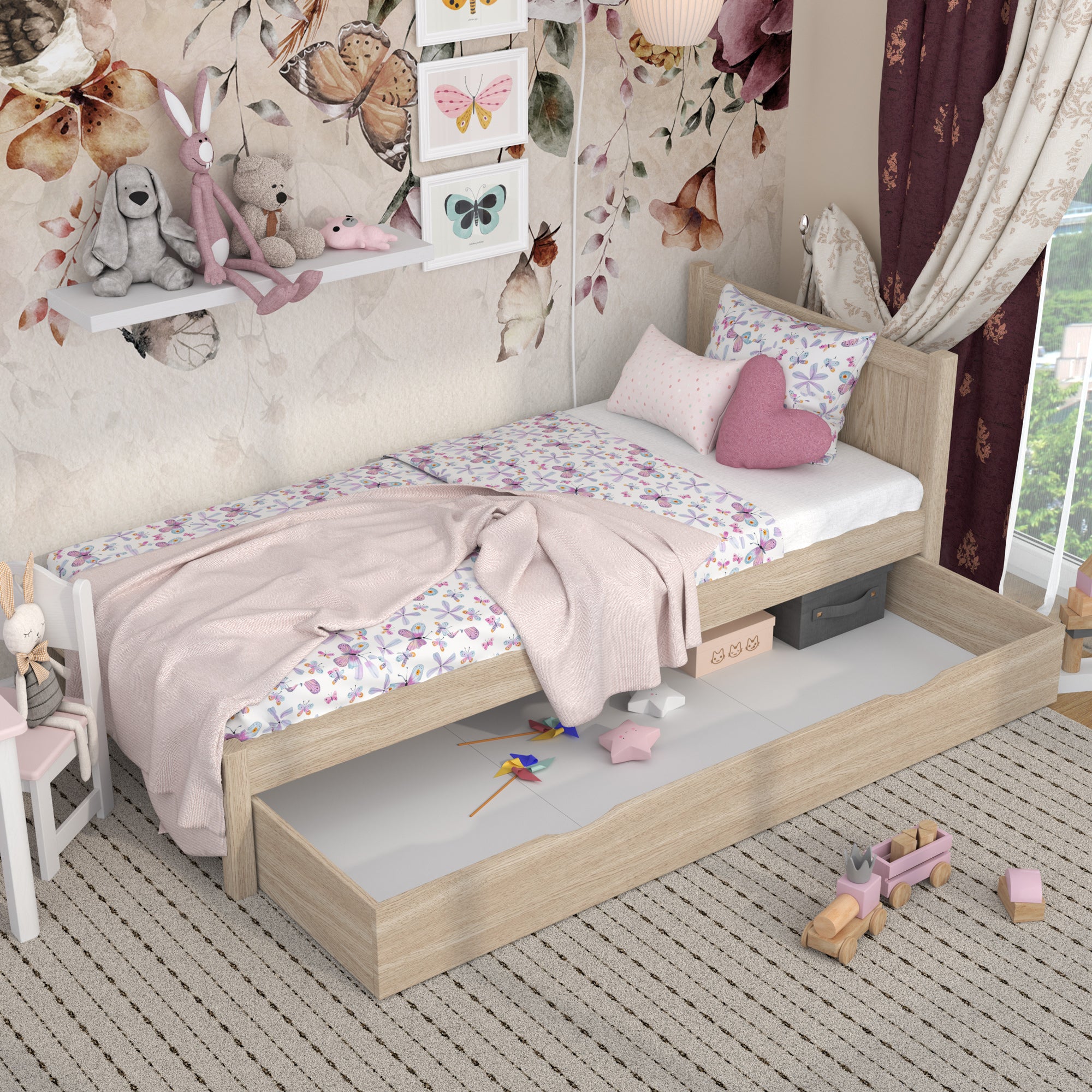 Bleached Oak Bed with Drawer – Spacious Storage, Oak, for Children, Nizio