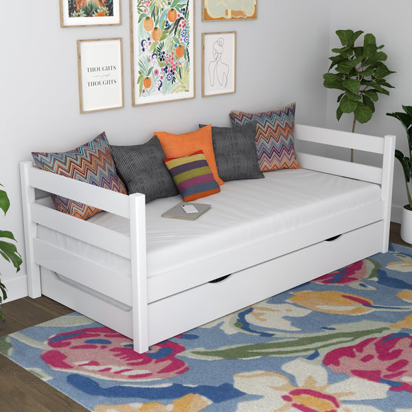 Sofa bed white with mattress drawer – wooden, Nizio Home