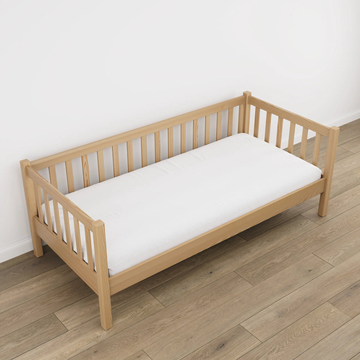 Natural pine sofa bed in a child’s room – scandi arrangement, wooden