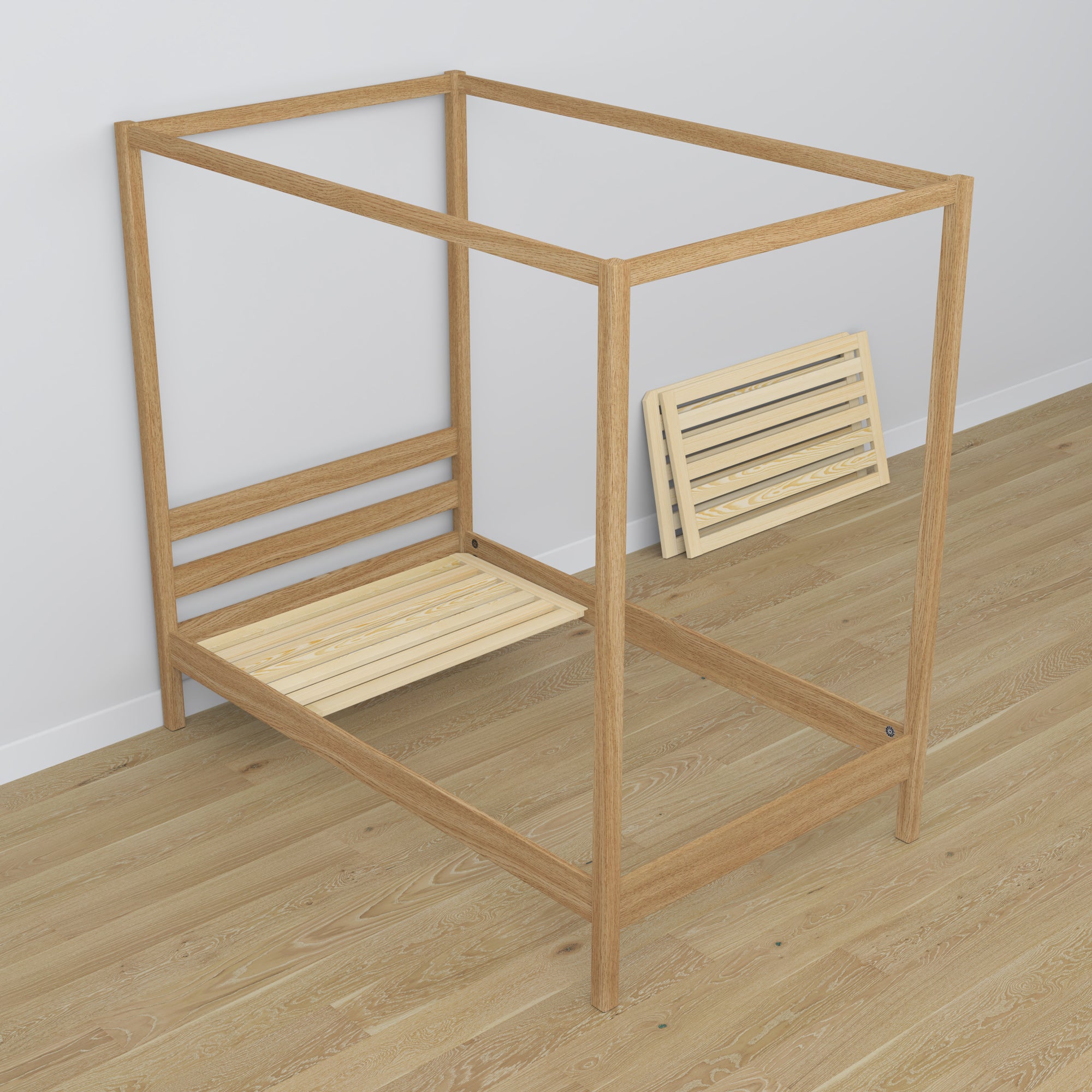 Natural Oak Canopy Bed in a Children’s Room – Scandi Arrangement