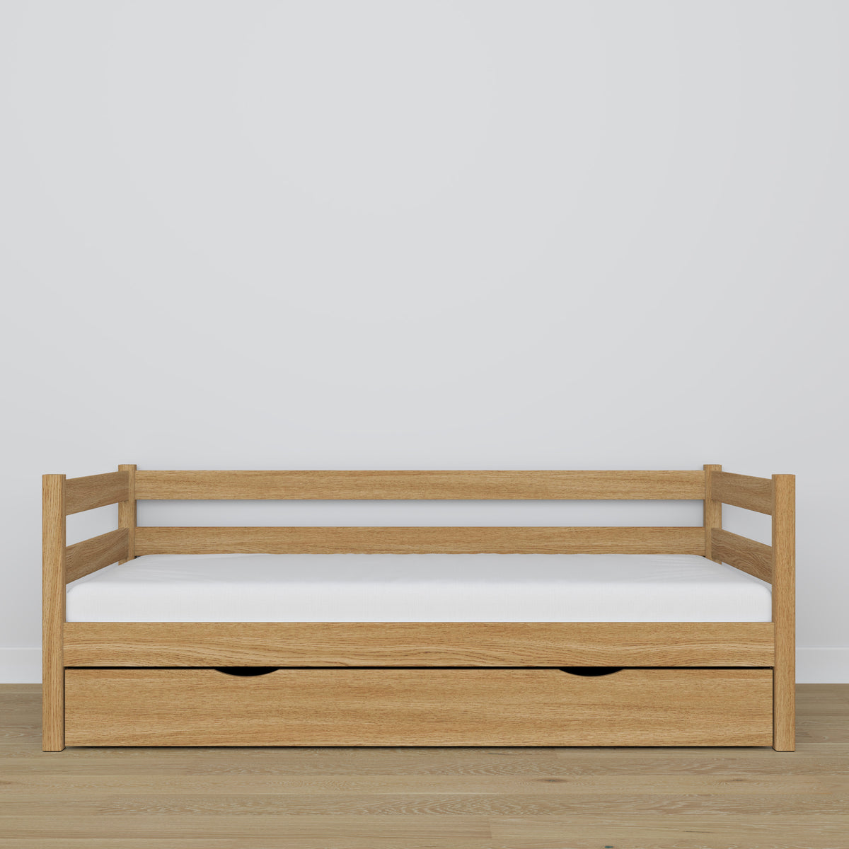 Natural oak sofa bed with drawer made of oak – dimensions and diagram, Nizio