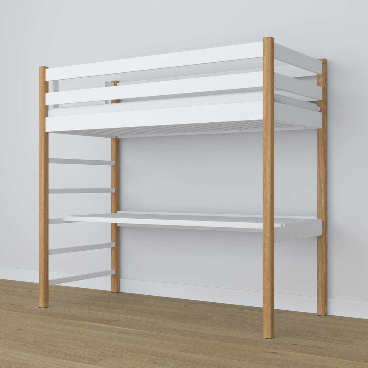 White and Oak Wooden Loft Bed with Desk – Frame and Slats, Nizio