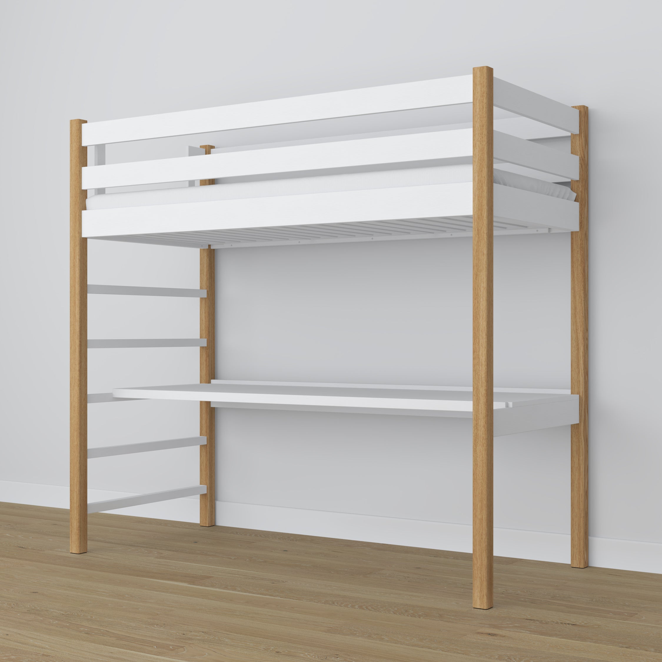 White and Oak Wooden Loft Bed with Desk – Frame and Slats, Nizio
