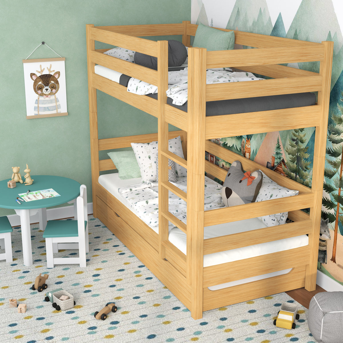 Natural Pine Bunk Bed for Children – Mattress Drawer, Wooden, Nizio
