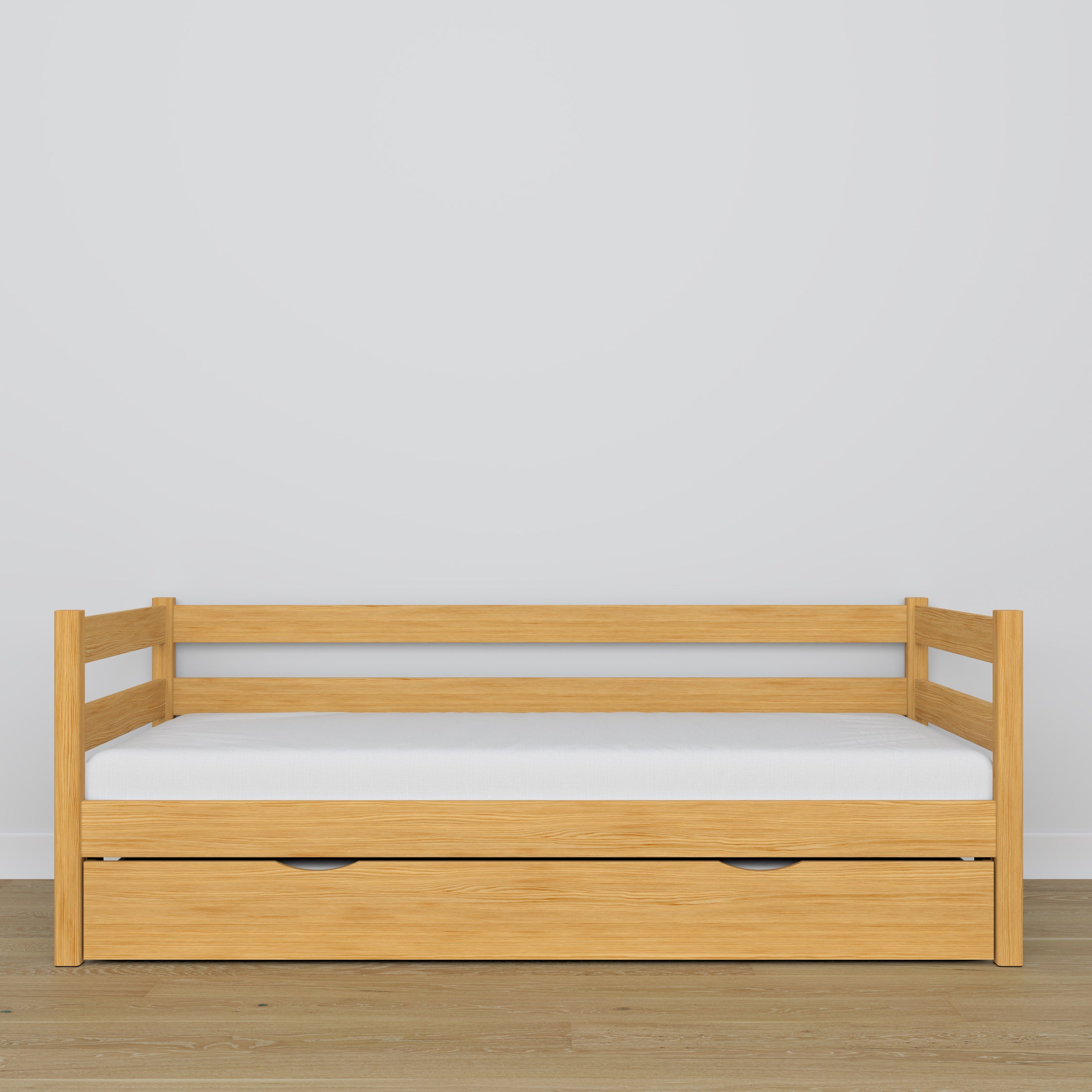 Natural pine sofa bed with mattress drawer made of wood – dimensions, Nizio