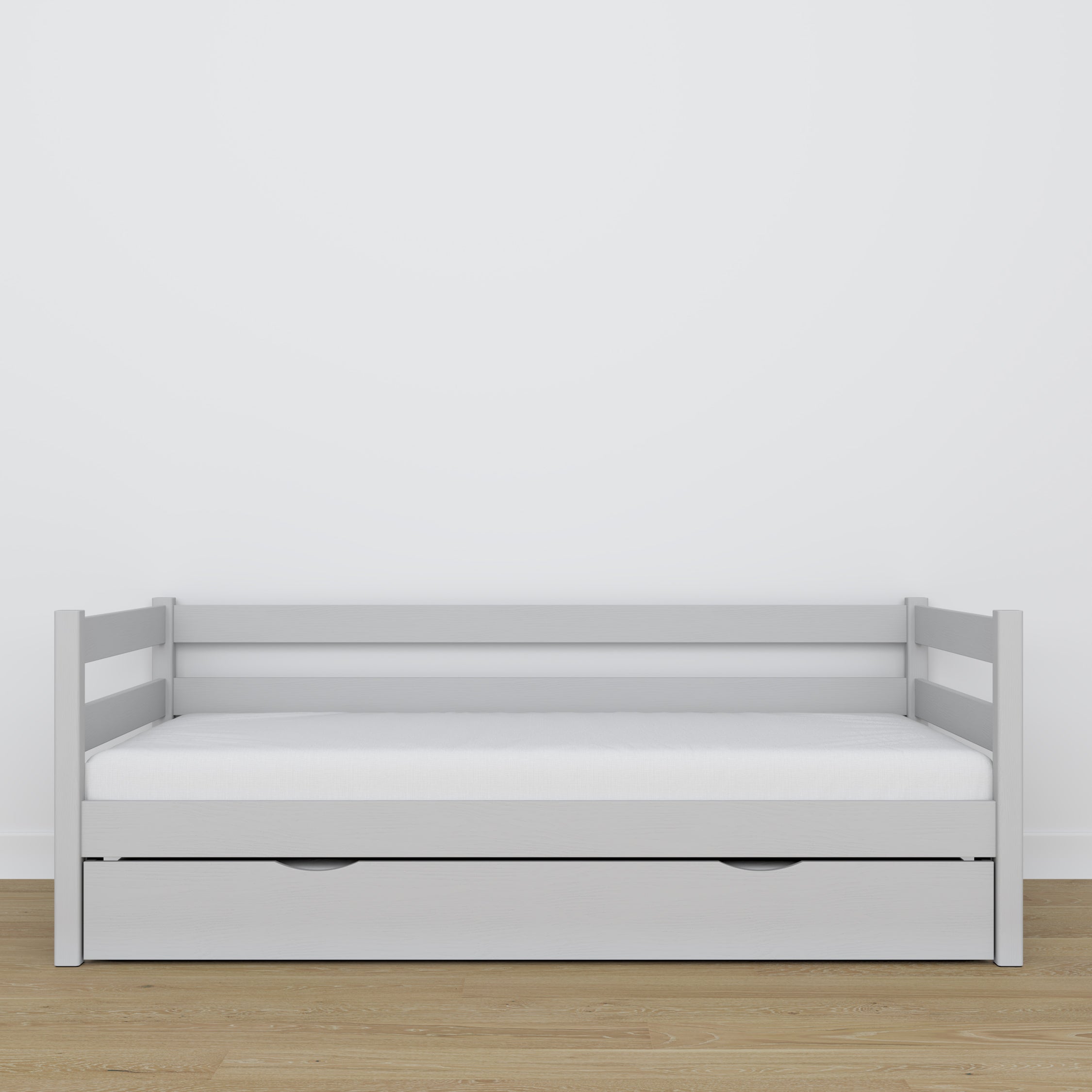 Grey sofa bed with mattress drawer made of wood – dimensions, Nizio