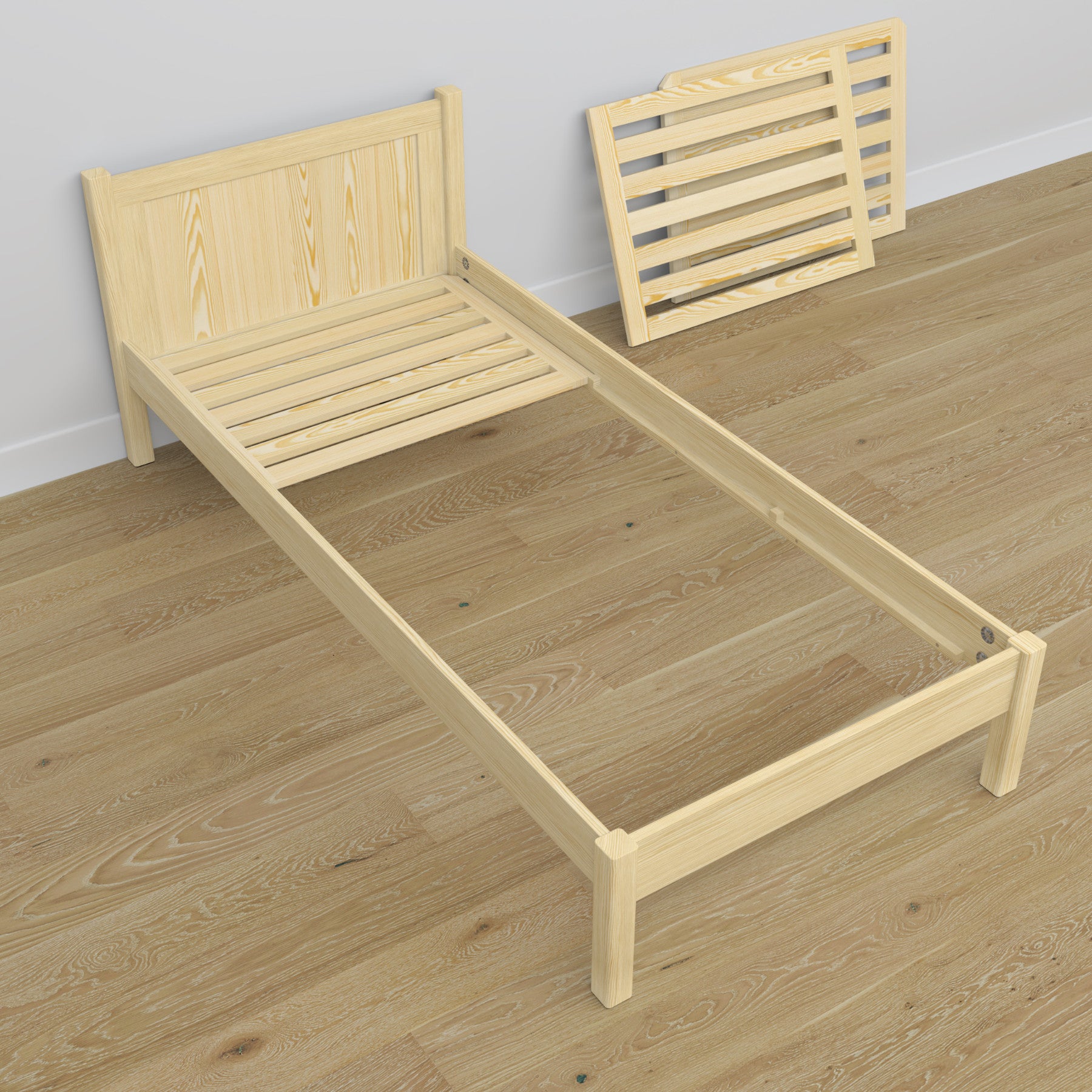 Single wooden bed clear pine – angled view, scandi children’s room
