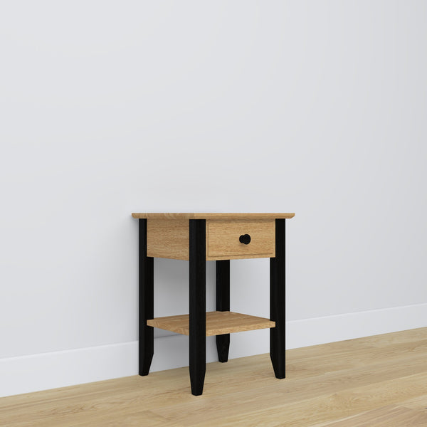 Bedside table N01 natural oak with black – oak wood, front view, Nizio Home